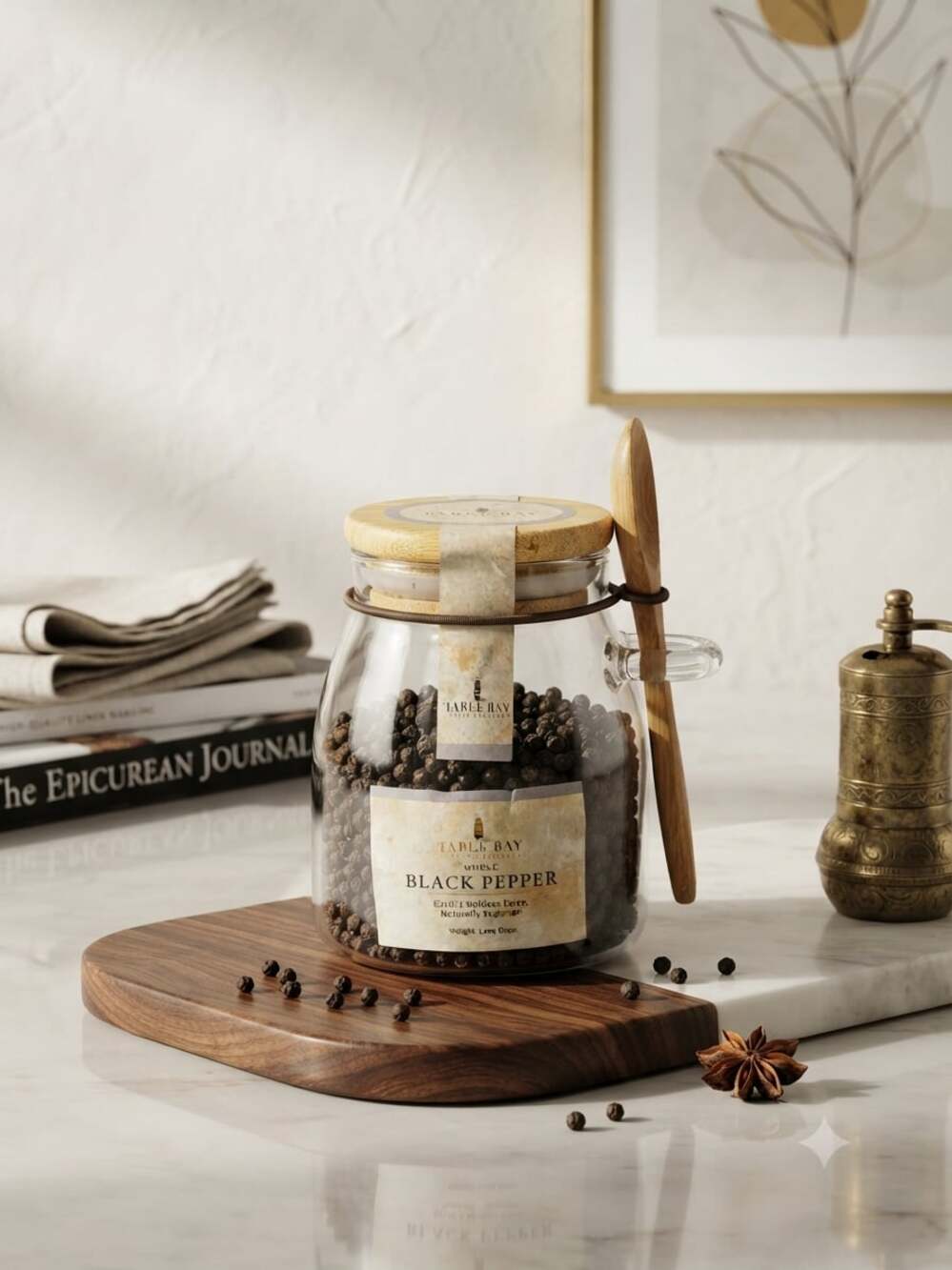 Table Bay Spice Company Whole Black Pepper in Glass Jar with Wooden Spoon